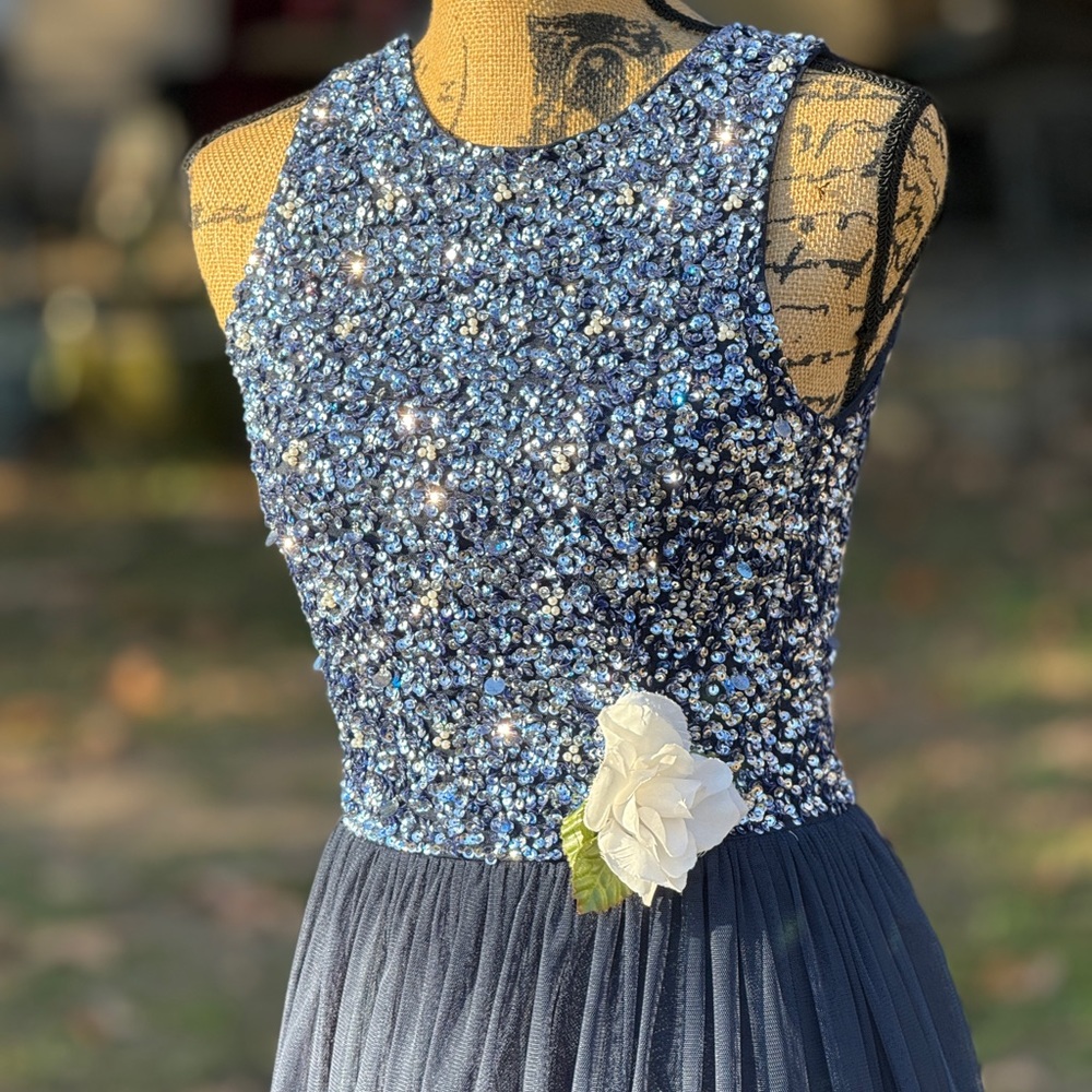 Lace and Beads Blue Formal with Rose at Hips
